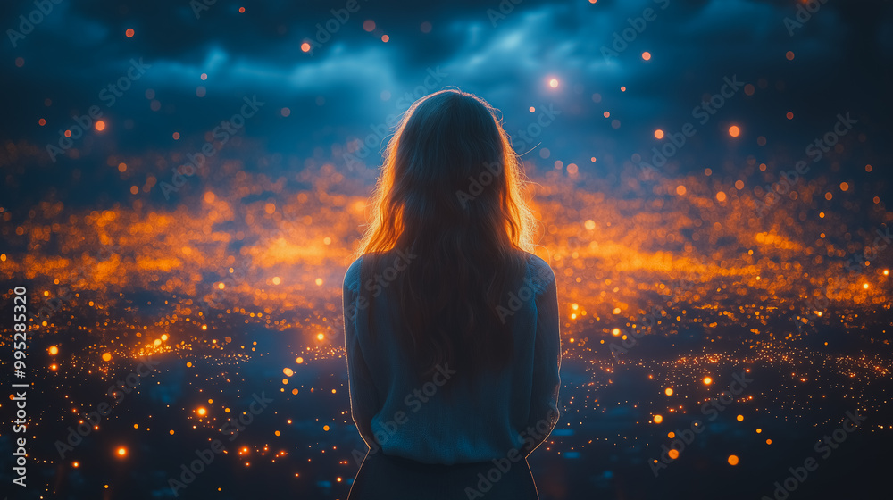A woman is standing in a field of glowing stars A woman is standing in a field of glowing stars