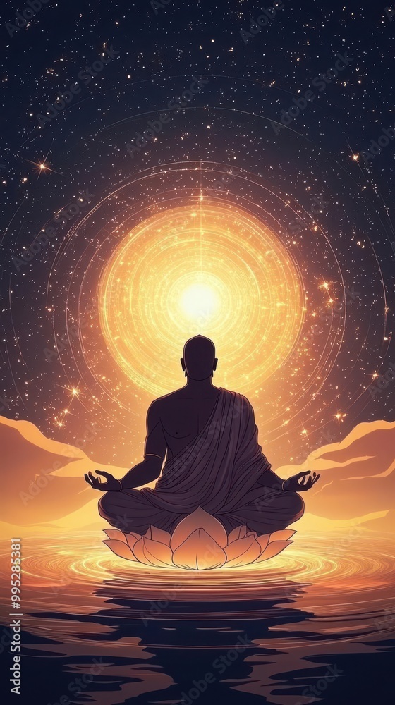 Brahma creating the universe from a lotus, surrounded by radiant cosmic light, divine Hindu creation Brahma creating the universe from a lotus, surrounded by radiant cosmic light, divine Hindu creation