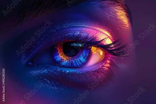 Cosmic Eye: A mesmerizing close-up of a woman's eye, adorned with vibrant, iridescent hues of blue, orange, and purple, creating a surreal and captivating visual. 