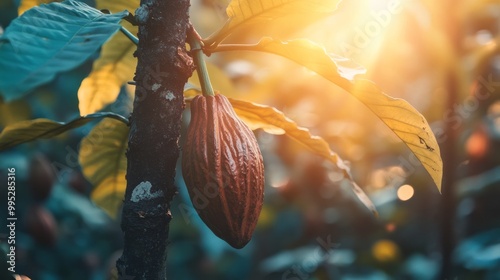 Cacao fruit on a tree in the rainforest at a plantation background. Natural organic chocolate and beans concept photo