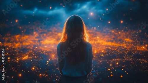 A woman is standing in a field of glowing stars