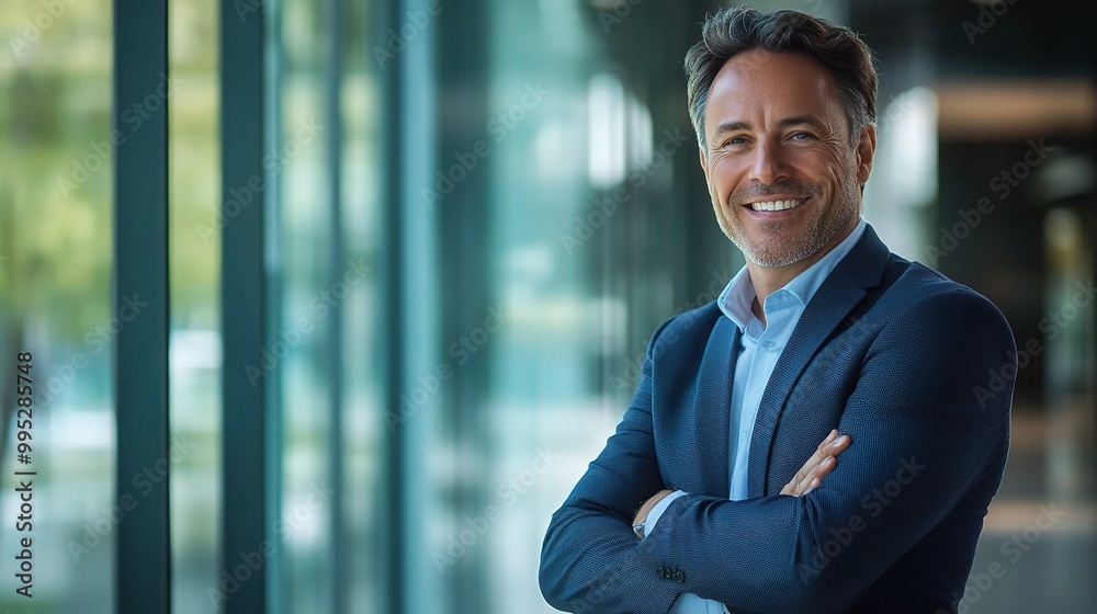 Confident businessman smiling in modern office setting Confident businessman smiling in modern office setting