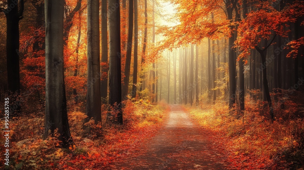 An autumn path in a serene forest, where the enchanting scene of fiery fall colors invites a peaceful and reflective walk An autumn path in a serene forest, where the enchanting scene of fiery fall colors invites a peaceful and reflective walk