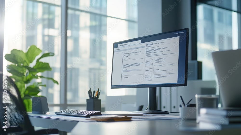 An e-invoice displayed on a large monitor in a modern office. Clean desk with financial documents and advanced technology An e-invoice displayed on a large monitor in a modern office. Clean desk with financial documents and advanced technology