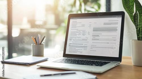 An e-invoice open on a laptop screen, showing a detailed digital document. Office background with financial paperwork and modern technology