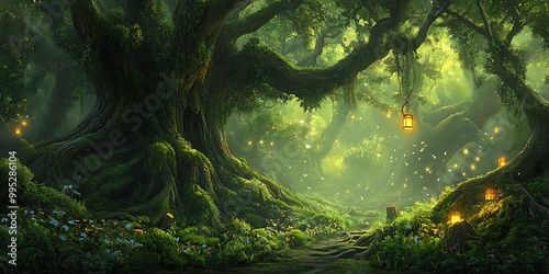 Fototapeta Naklejka Na Ścianę i Meble -  Mysterious fantasy forest with old large trees and green theme, jungle full of wonders