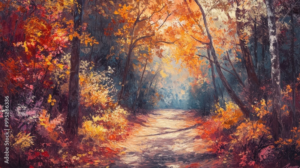 An enchanting walk through a peaceful autumn forest path, where the fiery colors of fall foliage create a serene and calming atmosphere An enchanting walk through a peaceful autumn forest path, where the fiery colors of fall foliage create a serene and calming atmosphere