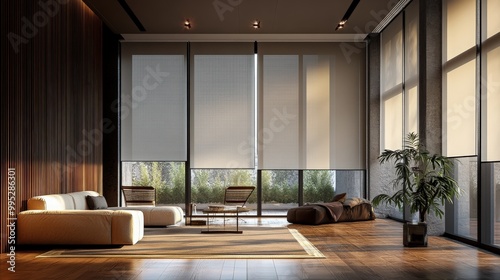 An elegant room with automatic solar shades, blackout curtains, and stylish wooden decor panels creates a modern yet inviting atmosphere