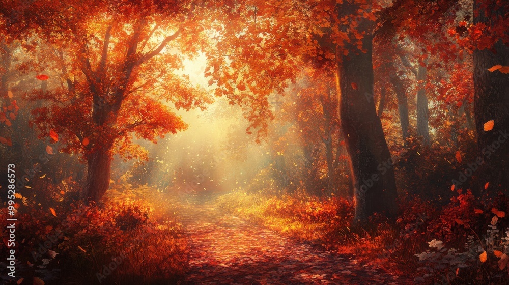 An enchanting walk through a peaceful autumn forest path, where the fiery colors of fall foliage create a serene and calming atmosphere An enchanting walk through a peaceful autumn forest path, where the fiery colors of fall foliage create a serene and calming atmosphere