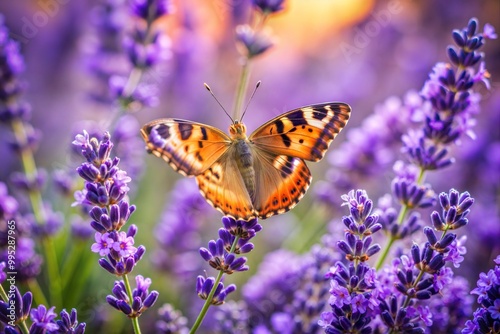 Orange and black butterfly on lavender flower in field