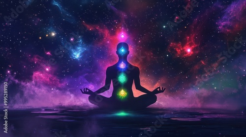 Meditating human silhouette in yoga lotus pose. Galaxy universe background. Colorful chakras and aura glow. Meditation on outer space background with glowing chakras. Esoteric.