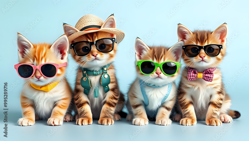 Collection of cute kittens wearing sunglasses and summer costumes, looking at the camera, isolated on a background. Collection of cute kittens wearing sunglasses and summer costumes, looking at the camera, isolated on a background.