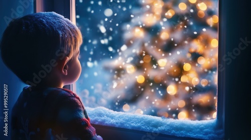 A child excitedly looking out the window on Christmas Eve, gazing at a winter wonderland covered in snow, with the Christmas tree lit up in the background