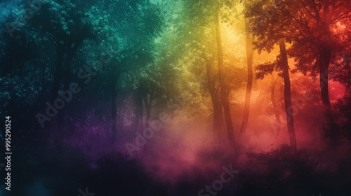 Atmospheric dark forest with thick fog and a mesmerizing array of vibrant, shifting colors