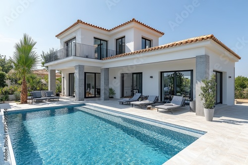 A modern and luxurious two-story villa with a swimming pool in the Algarve, featuring large windows overlooking a beautiful garden and palm trees. Created with Ai