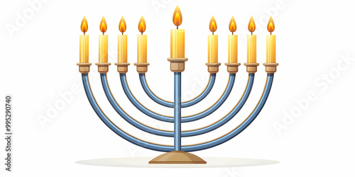 Modern Flat Floating Hanukkah Menorah with Flickering Candles in Mid-Air - Stunning White Background for Contemporary Celebrations