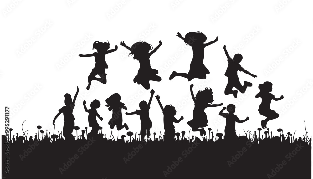 kid jumping and playing cheerfully on grass Black silhouettes vector illustration black and white kid jumping and playing cheerfully on grass Black silhouettes vector illustration black and white