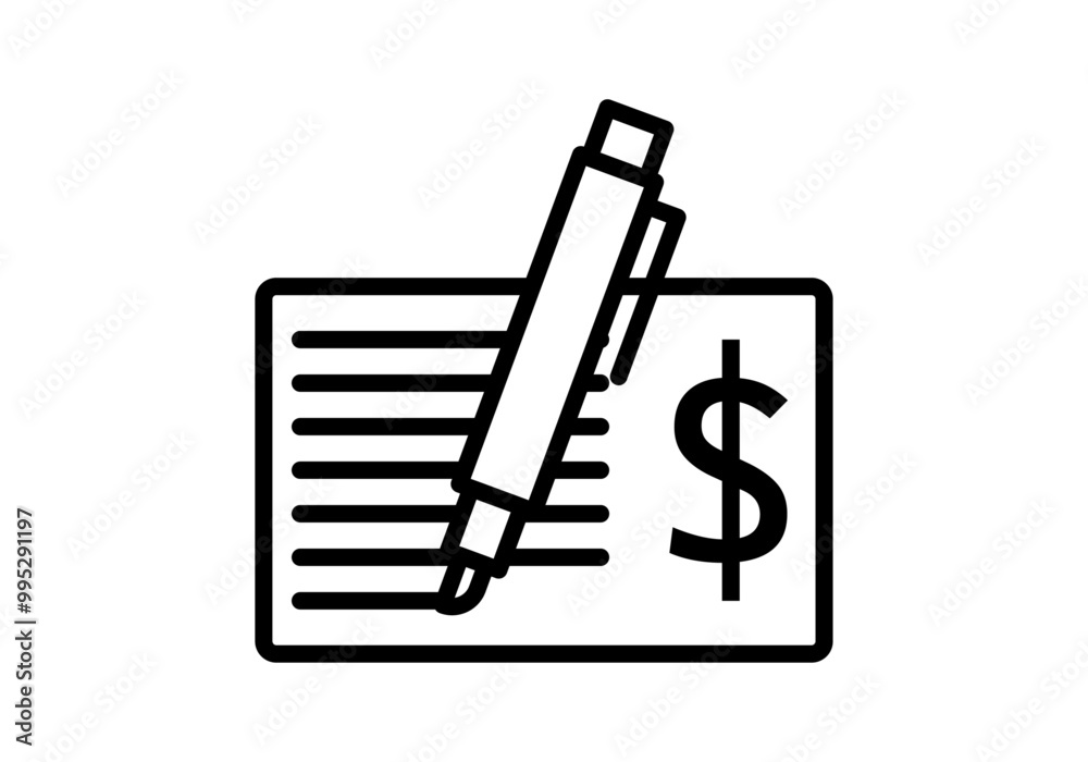 Icono negro de cheque en dólares con boli Icono negro de cheque en dólares con boli