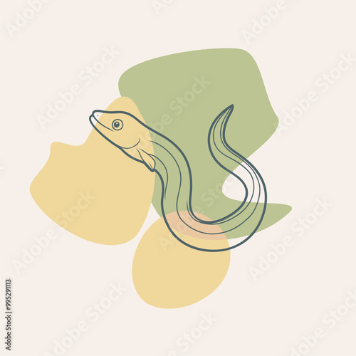 Cute cartoon eel emblem. Seafood shop logo, signboard. Restaurant menu, fish market, banner, poster design template. Fresh seafood or shellfish product.