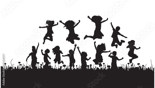 kid jumping and playing cheerfully on grass Black silhouettes vector illustration black and white
