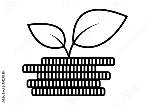 Icono negro de pila de monedas con planta creciendo de crecimiento económico