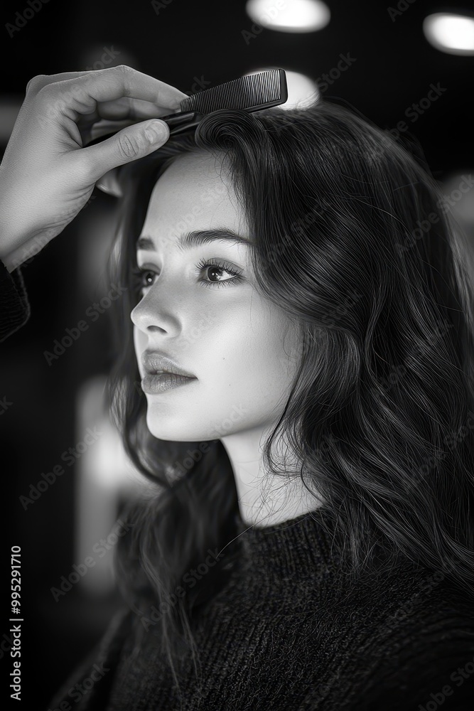 Fototapeta premium Black and white photograph of hairdresser styling woman's hair in salon, high level of detail 