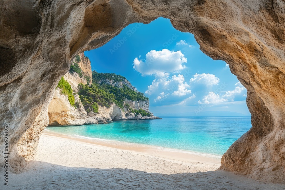 Fototapeta premium Turquoise water reaching sandy beach under rock arch formation