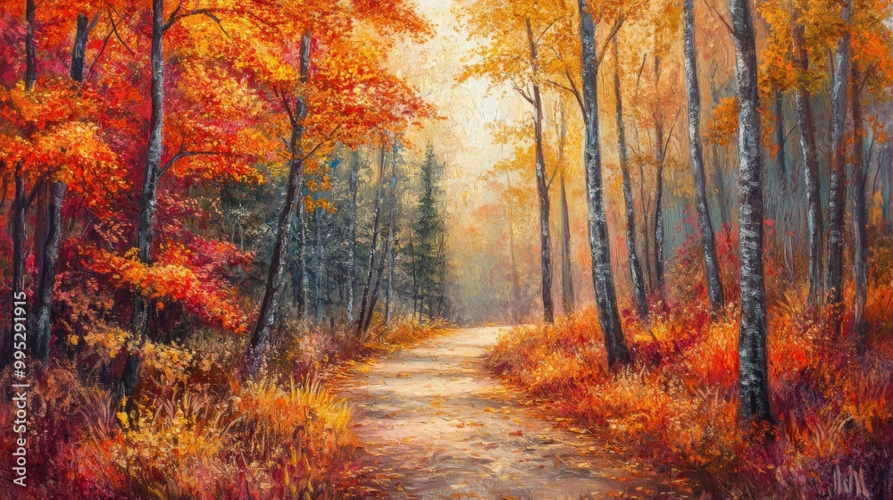 Autumn forest path bathed in the fiery hues of fall colors, offering a peaceful and enchanting walk through nature vibrant beauty Autumn forest path bathed in the fiery hues of fall colors, offering a peaceful and enchanting walk through nature vibrant beauty