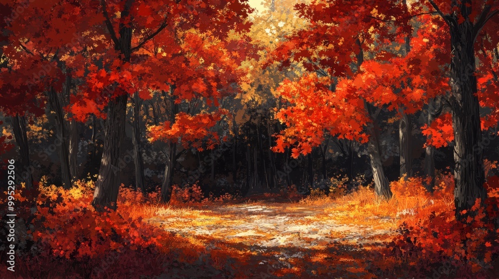 Autumn forest with maple trees, their leaves turning brilliant shades of red and orange, creating a vivid and enchanting landscape of fall foliage Autumn forest with maple trees, their leaves turning brilliant shades of red and orange, creating a vivid and enchanting landscape of fall foliage