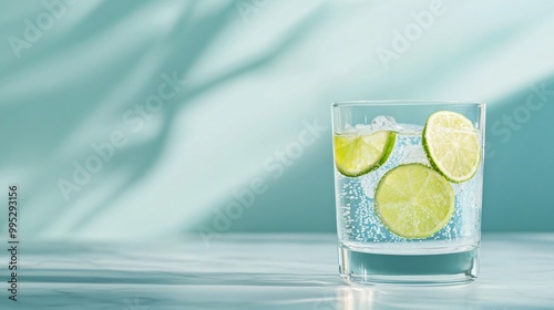Glass of sparkling water with lime slices on a marble surface.