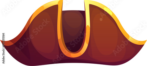 Cartoon pirate tricorn cocked hat. Isolated vector filibuster, piracy costume, cap with golden edges and curve brim for pirate-themed or Halloween party. Kids props for the photo booth or fantasy game