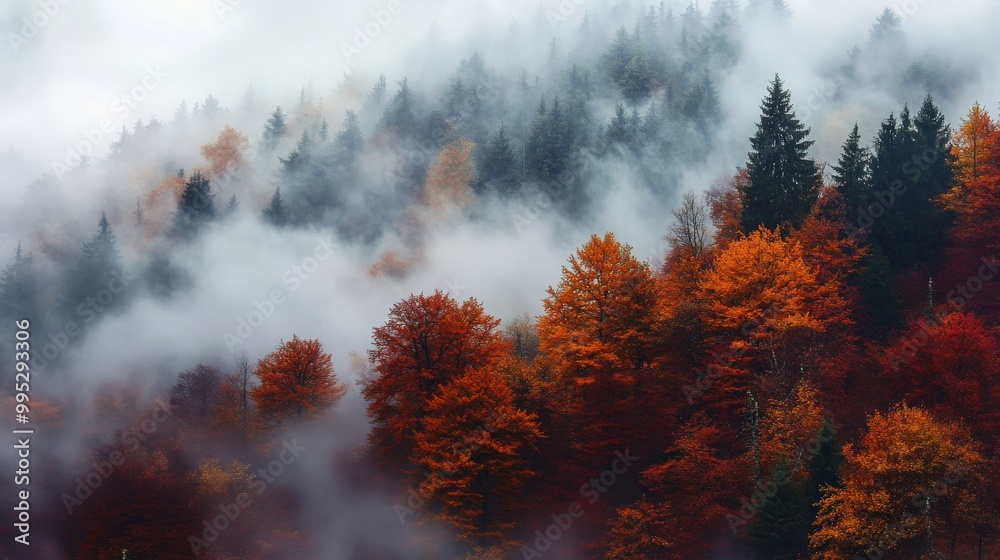 Autumn in the Balkan Mountains, Bulgaria: a fog-covered forest with rich, warm hues of fall foliage emerging through the mist Autumn in the Balkan Mountains, Bulgaria: a fog-covered forest with rich, warm hues of fall foliage emerging through the mist