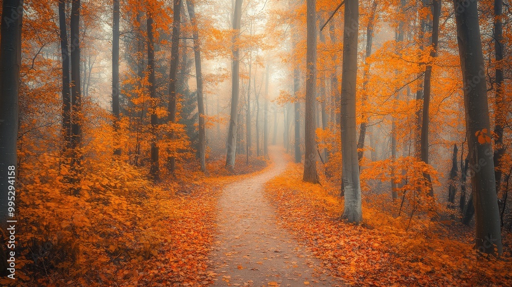 Autumn path in a serene forest, surrounded by fiery fall colors that transform the walk into an enchanting and peaceful journey