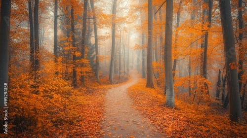 Autumn path in a serene forest, surrounded by fiery fall colors that transform the walk into an enchanting and peaceful journey