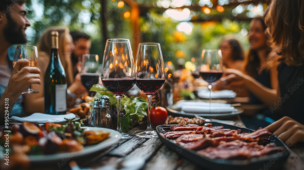 Obraz premium Happy friends having bbq dinner party in restaurant garden - Group of young people drinking red wine and eating meat sitting at lunch table - Food and beverage lifestyle concept