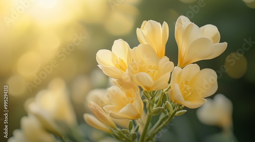 Delicate yellow freesia flowers blooming in sunlight with a soft, dreamy background in a vibrant garden setting