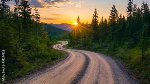 An off-road passes through pine tree forest, cloudy evening sky with sun in horizon