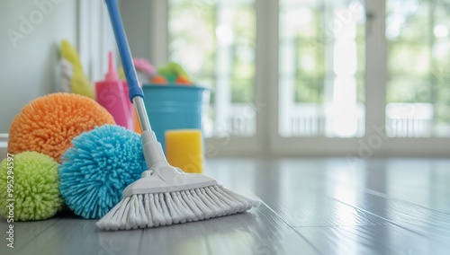 Bright and tidy living room with cleaning supplies and mop on wooden floor photo