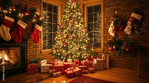 A beautifully decorated Christmas tree with sparkling ornaments and twinkling lights, surrounded by neatly wrapped gifts, stockings hung by the fireplace, and a warm festive atmosphere