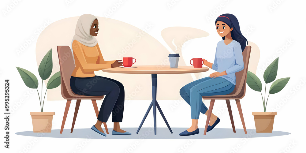 Flat Vector Illustration of Candid Coffee Conversation Between Diverse Women, Showcasing Cultural Unity and Human Connection in a Cozy Caf? Setting Flat Vector Illustration of Candid Coffee Conversation Between Diverse Women, Showcasing Cultural Unity and Human Connection in a Cozy Caf? Setting