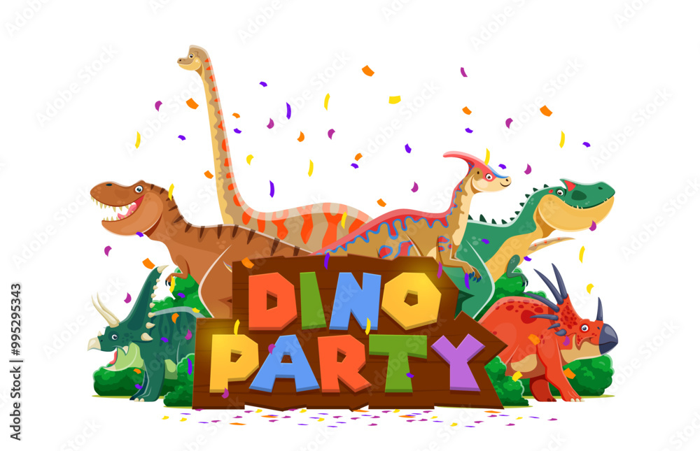 Naklejka premium Dino party banner, birthday invite cover. Vector vibrant and playful invitation for a dino-themed event with cartoon dinosaurs, lush greenery, confetti and colorful fun typography on wooden plate