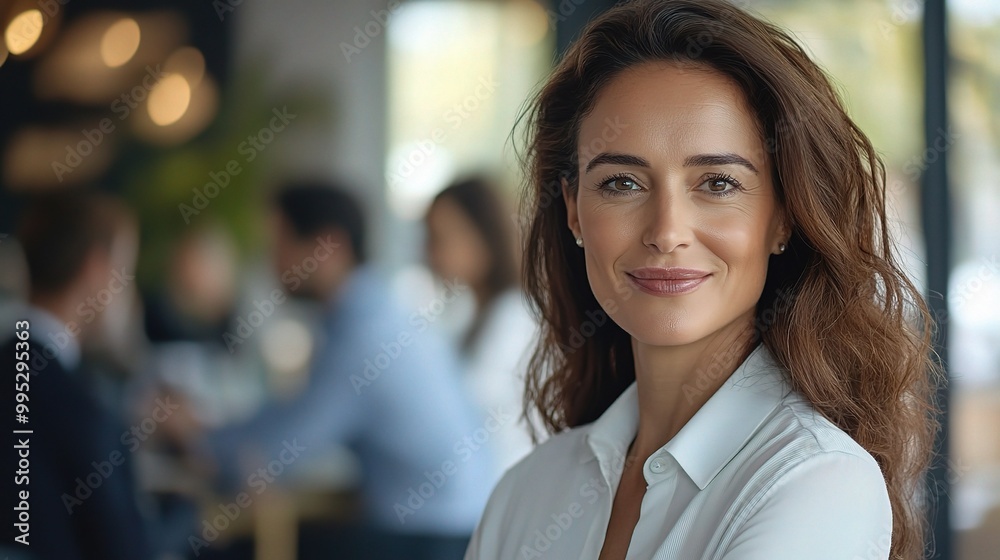 Obraz premium Confident Woman Smiling in Modern Office Setting