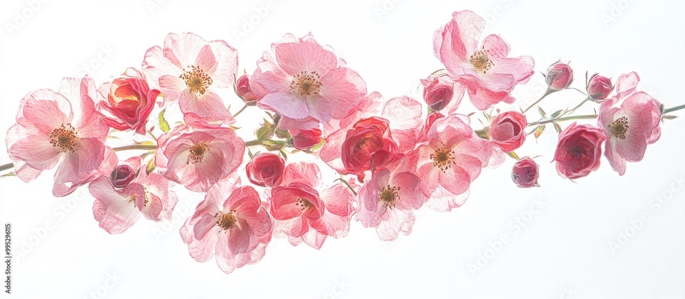 Artwork of a cluster of pink dog roses set against a clean white backdrop Artwork of a cluster of pink dog roses set against a clean white backdrop