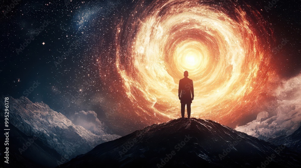Fototapeta premium Brahma standing at the center of the universe, surrounded by the birth of stars and galaxies, divine creation
