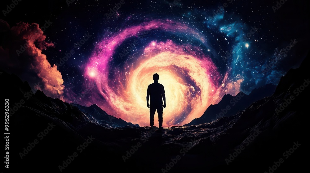 Fototapeta premium Brahma standing in a cosmic ocean, creating life with his divine energy, swirling galaxies and stars