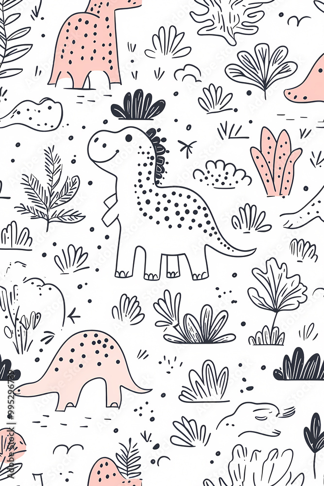 Adorable line art dinosaurs in a whimsical seamless pattern Adorable line art dinosaurs in a whimsical seamless pattern