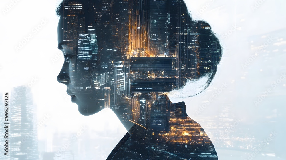 Double Exposure Image of Business Person on modern city background. Future business and communication technology concept. Surreal futuristic cityscape and abstract multiple exposure graphic interface. Double Exposure Image of Business Person on modern city background. Future business and communication technology concept. Surreal futuristic cityscape and abstract multiple exposure graphic interface.