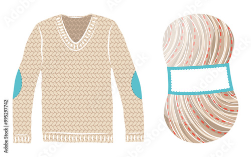 Illustration d'un pull beige en laine avec coudières et sa pelote de laine avec une étiquette, vecteur de vêtement d'hiver pour rester au chaud, activité manuelle de tricot  