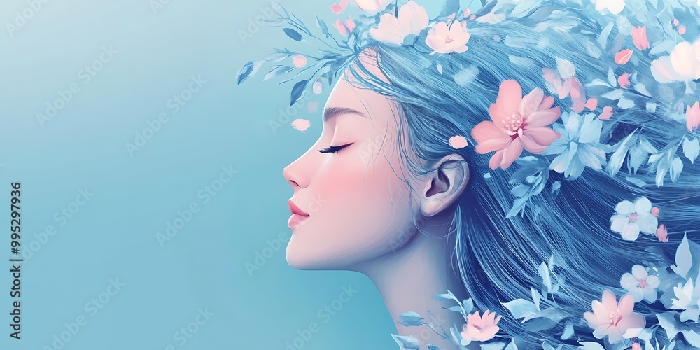 Painting a girl with blue hair and smooth skin with flowers around her head, women and beauty concept Painting a girl with blue hair and smooth skin with flowers around her head, women and beauty concept