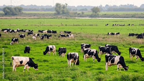 panoramic photo of big herd of black and white Cows in the distance , grazing on green grass, morning, we don't see sun, but feel the warmth photo